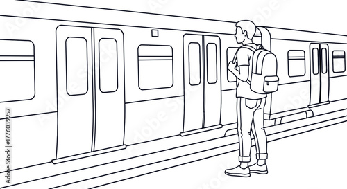 Man waiting train platform commuter subway travel transportation editable stock
