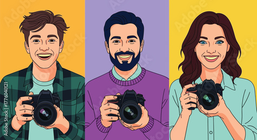 Stock illustration of photographers holding camera for photoshoot editable stock