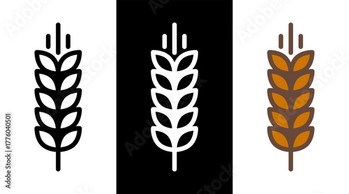 Wheat icon in different style: line black, white and flat colorful.