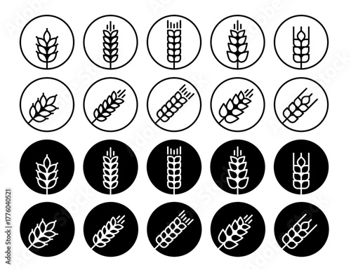 Wheat icon set. Black and white filled and outline grain symbols in circle. Gluten free