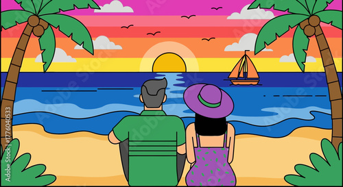 Couple watching sunset at beach vacation travel destination art editable stock