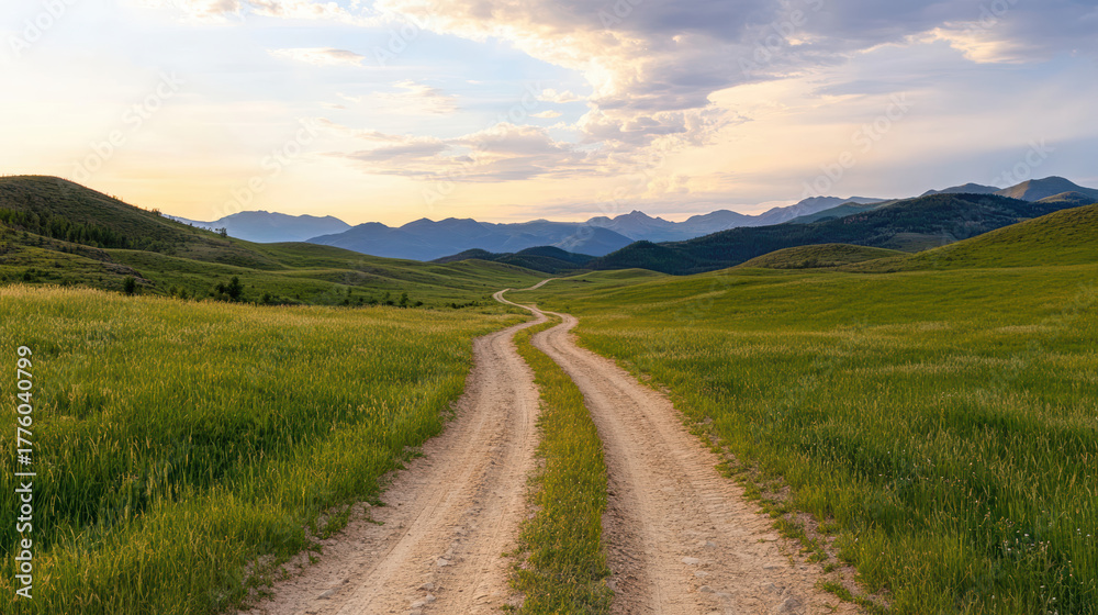 Naklejka premium Tranquil dirt road winds through lush countryside hills under beautiful sky