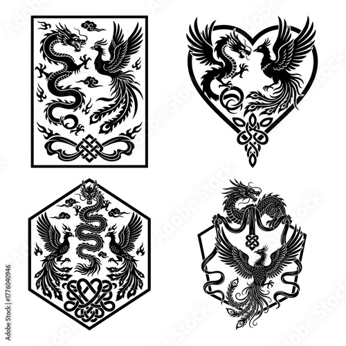 Set of four dragon and phoenix silhouettes design