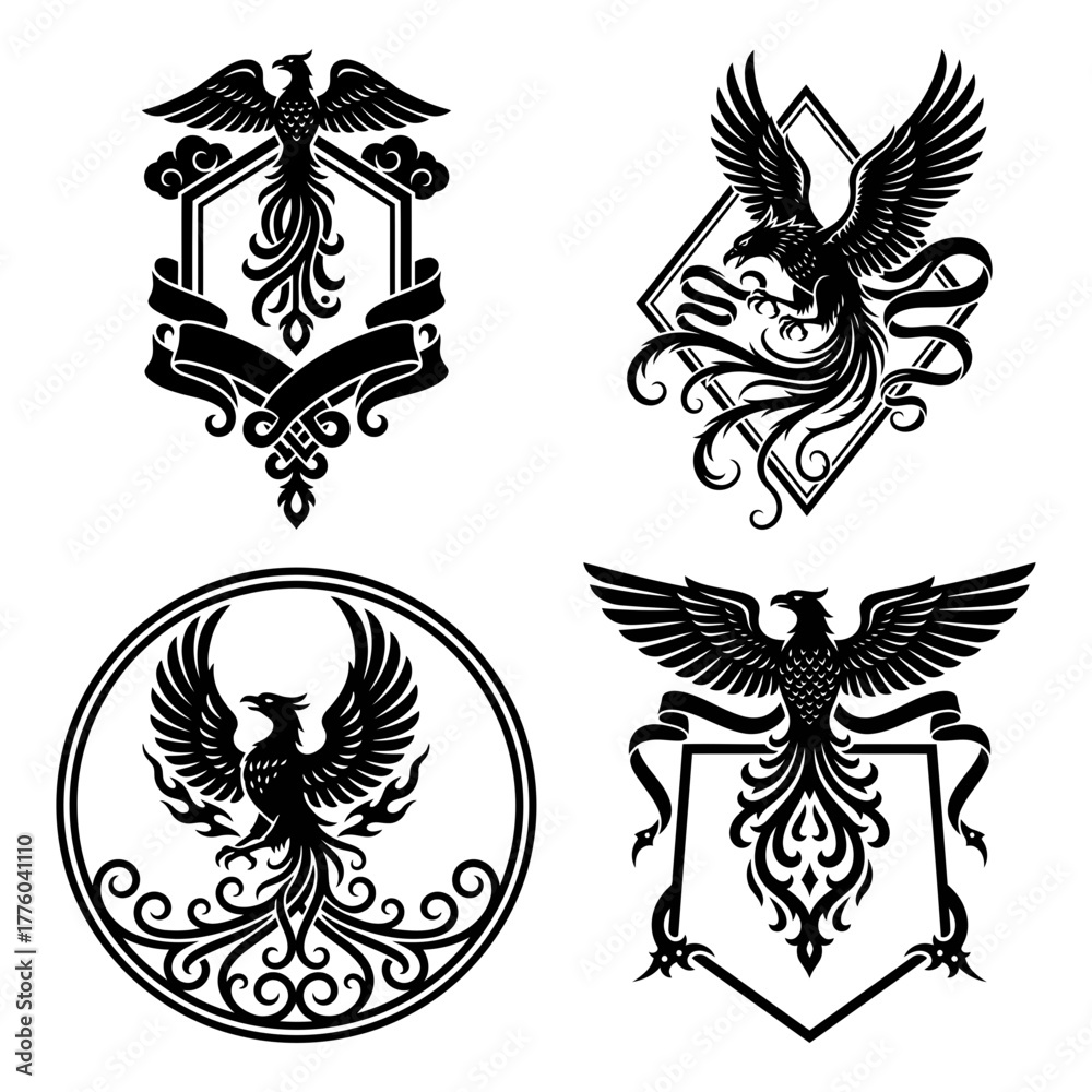 Fototapeta premium Collection of phoenix bird illustrations