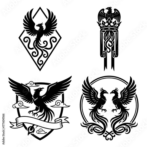 Four phoenix bird emblems in black and white