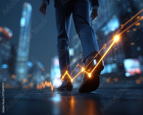 Businessman Walking Through Night City With Glowing Growth Chart