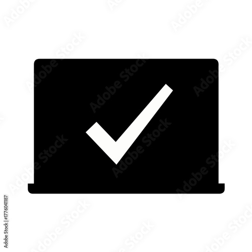 Monochrome icon of a chalkboard with a large, definitive checkmark. Symbolizes the achievement of educational goals, success in advocacy, or a passed milestone
