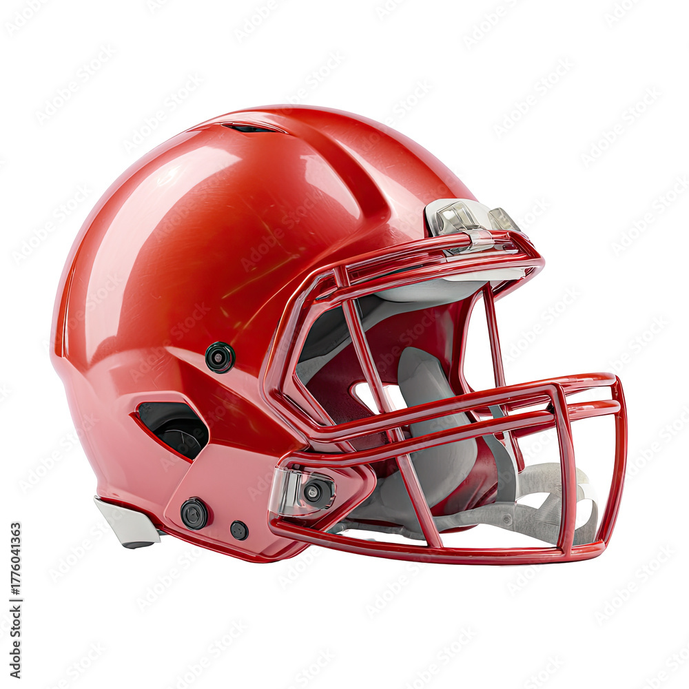 Fototapeta premium Glossy red football helmet, angled view, showcasing facemask and details