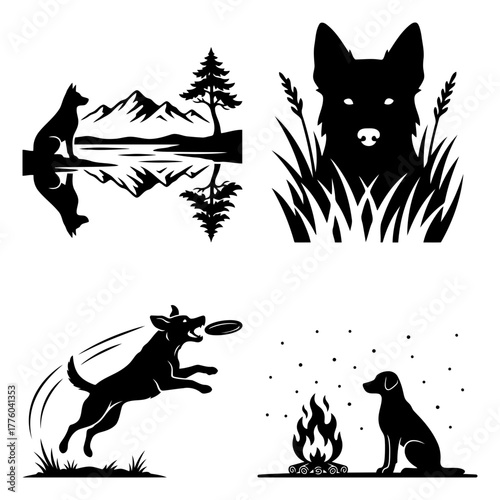 Collection of dog silhouettes in various outdoor and camping activities