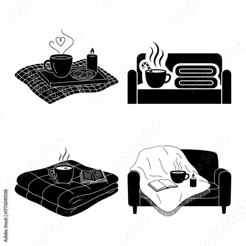 Cozy home vector icons of hot drinks and comfortable furniture