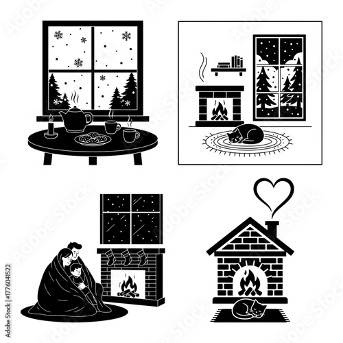 Cozy winter scenes in black and white