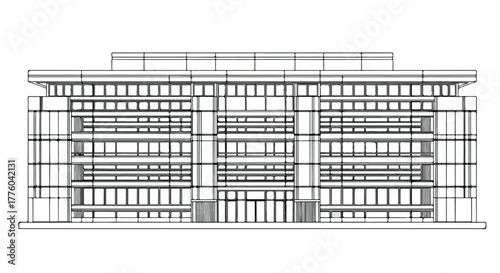 Office building facade architecture minimal line art vector illustration.