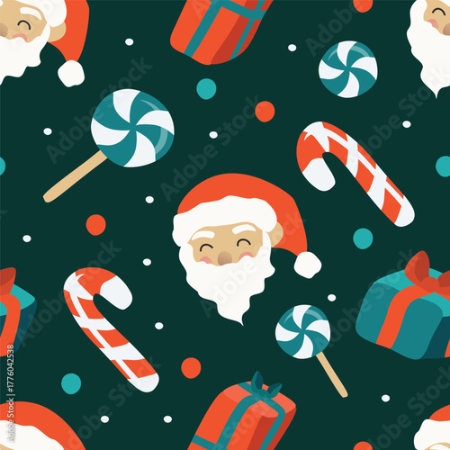vector seamless pattern with santa and candy cane