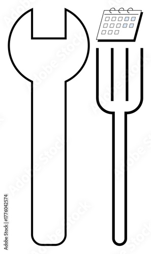 Wrench and fork alongside a calendar suggest task management, balanced work-life planning. Ideal for efficiency, planning, organization, time management, goals, scheduling productivity. Simple flat