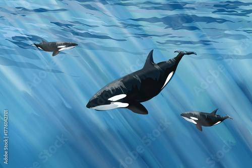 Photography a group of orca whales in the depths of the blue sea