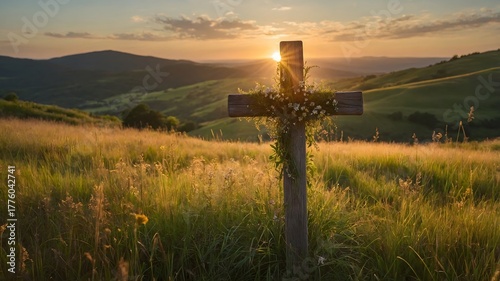 Cruz de madera adornada con flores en campo verde al atardecer