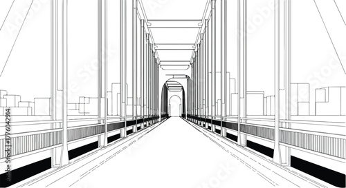 Bridge perspective architecture minimal vector line art illustration.