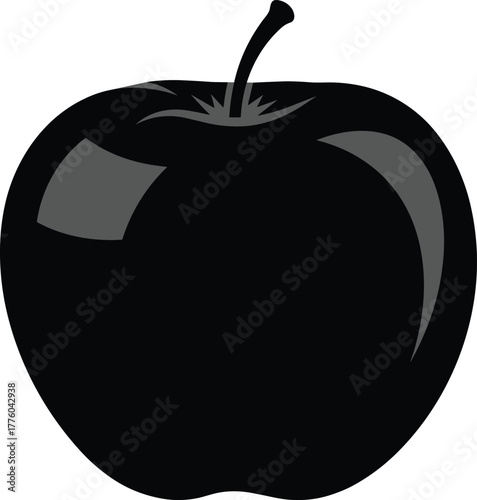 Black apple silhouette with stem, glossy highlight effect, vector illustration, health symbol, nutrition icon, educational design, fruit graphic, minimal style