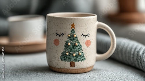 Mug with christmas tree design and eyelashes on a gray surface.