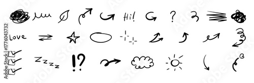 Hand drawn vector doodle elements collection including arrows, checkmarks, scribbles, and symbols for informal annotation, design and art