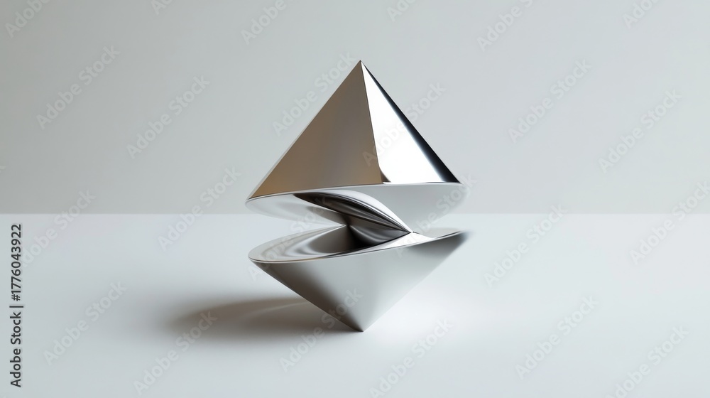 Fototapeta premium In the pure white space, two stainless steel metal quadrangular pyramid objects are stacked in the center of the picture to form a funnel shape. It is thin in the middle and thick at both ends. The me