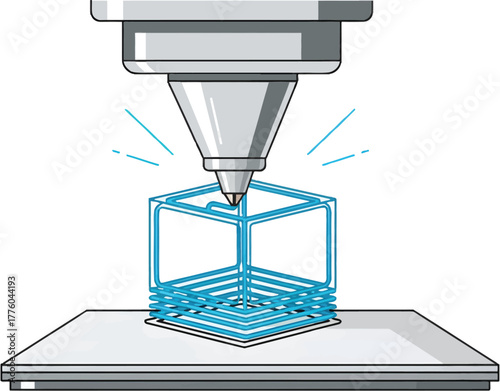 3D Printer Nozzle Printing a Cube Vector in Minimal Flat Style for Modern Technology Concept
