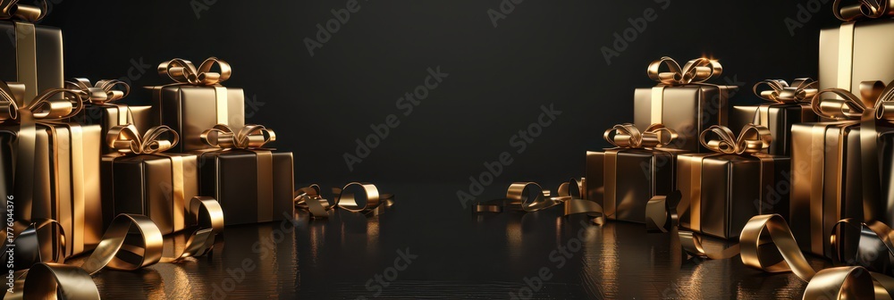 Obraz premium Elegant black friday celebration with luxurious gold gift boxes and stylish decorations. Horizontal banner. Copy space. Free space for text. Boxing Day