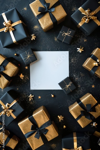 Elegant black and gold gift box arrangement for black friday promotion design. Vertical banner. Copy space. Holiday shopping