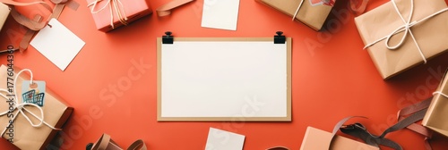 Black friday sale frame with blank card surrounded by gift boxes and tags for holiday promotion. Horizontal banner. Copy space. Holiday shopping