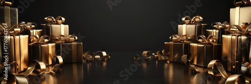 Elegant black friday celebration with luxurious gold gift boxes and stylish decorations. Horizontal banner. Copy space. Free space for text. Boxing Day