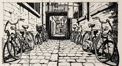 Old alley with bicycles urban vintage street vector line art illustration.