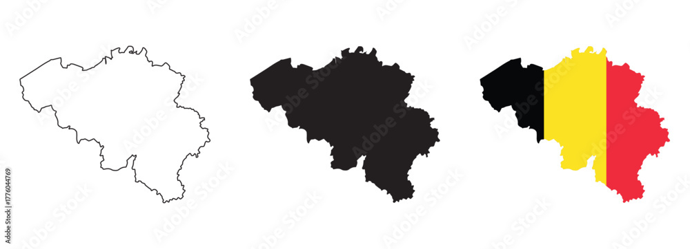 Fototapeta premium Belgium map vector set with editable country outline black silhouette and national flag design featuring black yellow and red vertical stripes isolated on white for geography travel and education use