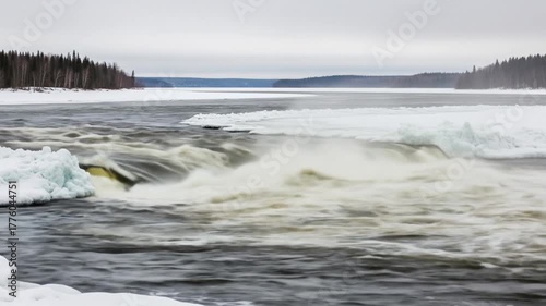 Winter River Rapids Flowing Through Icy Landscape with Forested Banks
