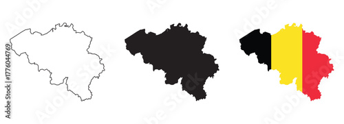 Belgium map vector set with editable country outline black silhouette and national flag design featuring black yellow and red vertical stripes isolated on white for geography travel and education use