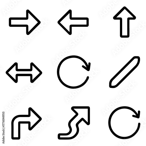 Set of Nine Different Arrow Icons Representing Directional Movement and Navigation