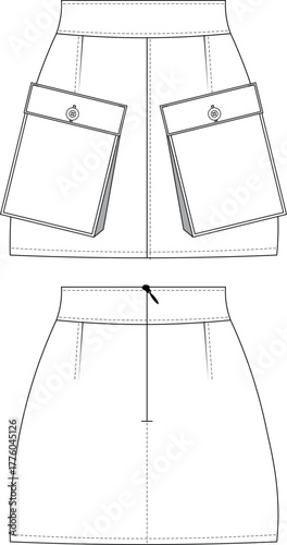 mid high rise waist cargo pocket darted tailored zippered  line body con mini short skirt template technical drawing flat sketch cad mockup fashion woman design style model 
