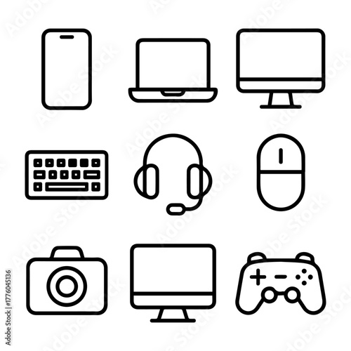 Outline Icons of Digital Devices Phone, Laptop, Computer, Camera, Headset, Mouse, Keyboard, Gamepad