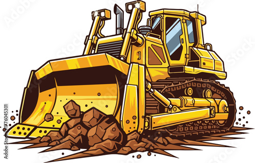 Heavy yellow bulldozer moving dirt and rocks vector illustration
