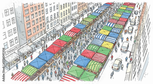 Colorful street market urban top view vector line art illustration.