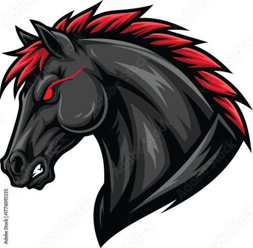 Fierce Black Horse Mascot with Red Mane and Glowing Eyes