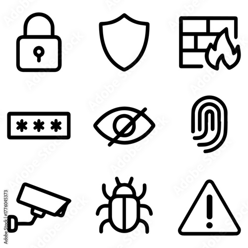 Cybersecurity and digital protection icon set featuring crypto symbols for password, firewall, and network safety