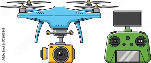 Quadcopter drone with camera, green remote controller, aerial photography concept, modern drone technology, vector illustration, black silhouette, flying device icon