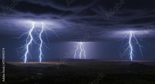 Electric bolts strike a desolate landscape under a stormy, darkened sky