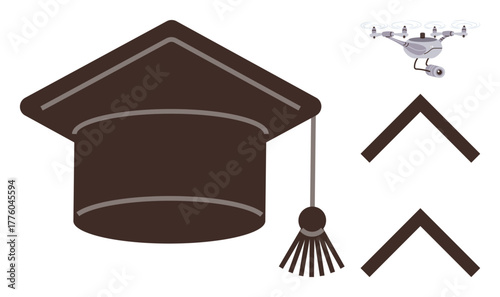 Graduation cap with tassel, quadcopter with camera, and chevron patterns. Ideal for technology, education, innovation, surveillance, career progress achievement futuristic concepts. Simple flat