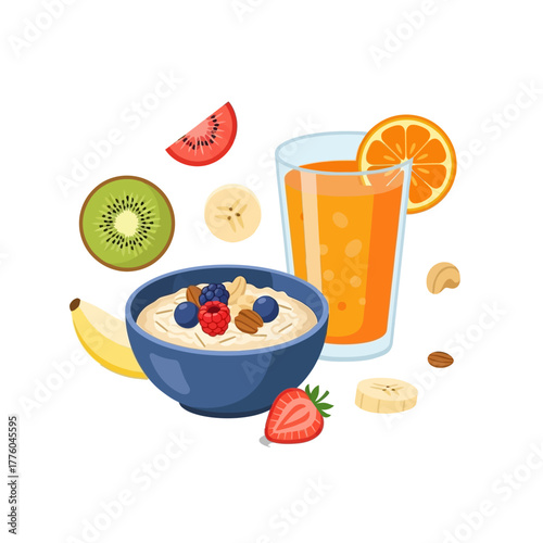 Healthy breakfast with fruits juice and oatmeal bowl
