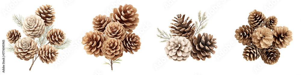 Fototapeta premium Pine Cones and Sprigs Collection on White Background