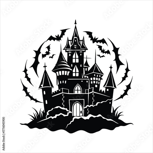 Creepy haunted castle with lightning bolts  vector