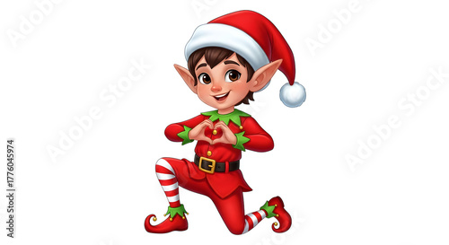 Cute christmas elf kneeling and making a heart shape isolated on transparent background