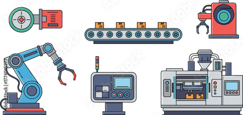 Robotic arm, conveyor belt, CNC machine, control panel, industrial automation system, factory equipment, vector illustration, black silhouette, production technology