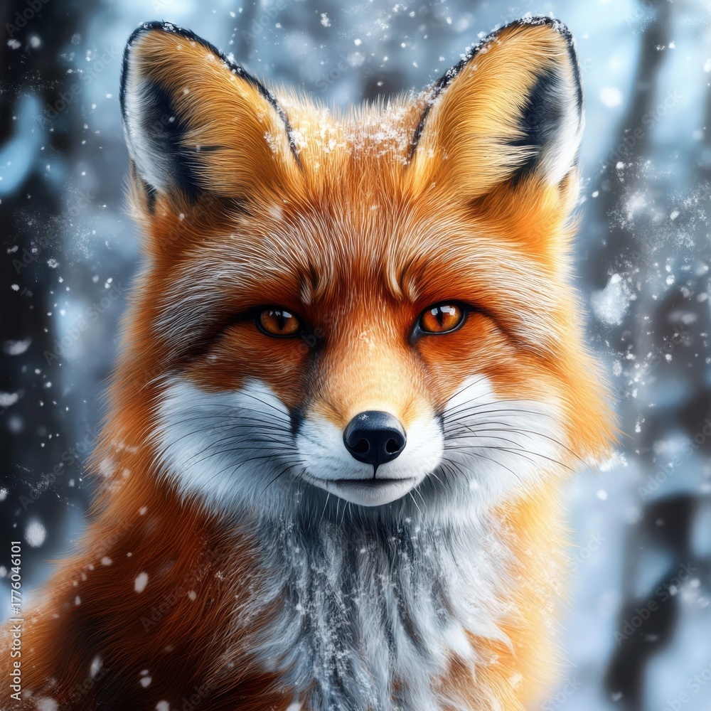 Fototapeta premium Red fox looking at camera in snowy forest during winter daytime